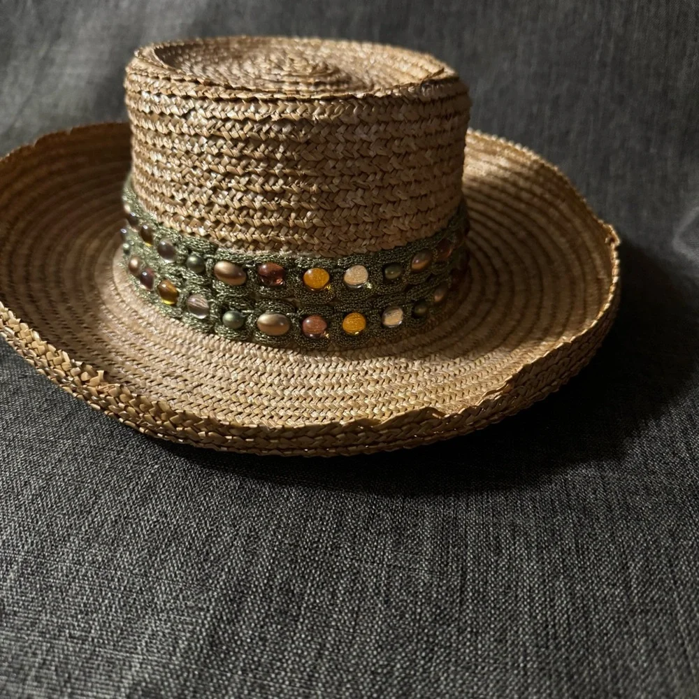 Eric Javits Natural Straw Hat with Olive Beaded Band - Picture 7 of 14